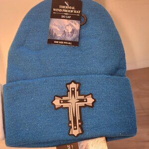 Cross Patched Knit Cuffed Beanie in Cobalt Blue.